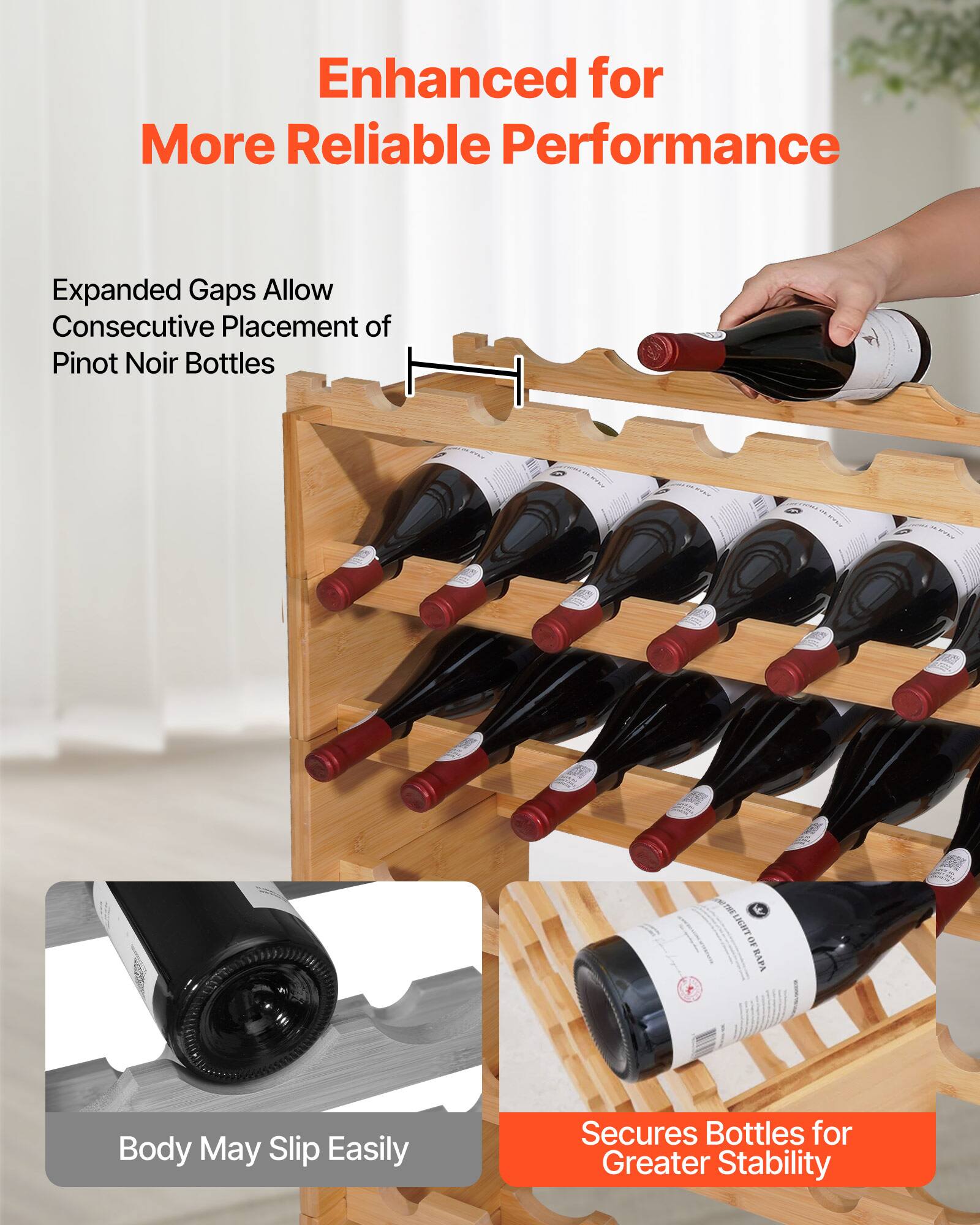 Enhanced for More Reliable Performance

Expanded Gaps Allow Consecutive Placement of Pinot Noir Bottles

Body May Slip Easily

Secures Bottles for Greater Stability