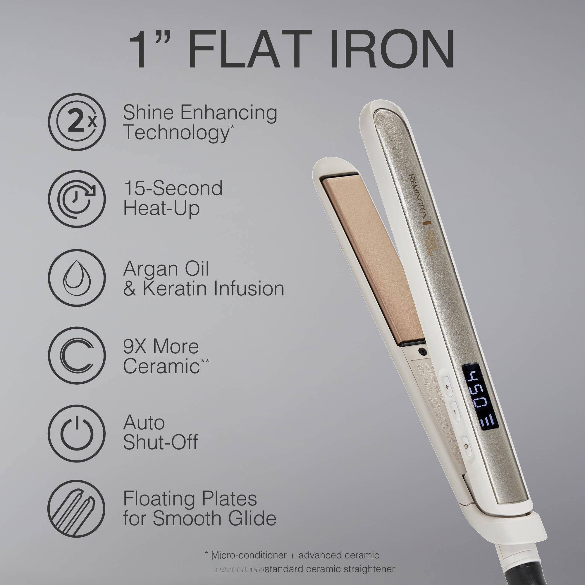 1" FLAT IRON

- Shine Enhancing Technology*
- 15-Second Heat-Up
- Argan Oil & Keratin Infusion
- 9X More Ceramic**
- Auto Shut-Off
- Floating Plates for Smooth Glide

* Micro-conditioner
** advanced ceramic straightener