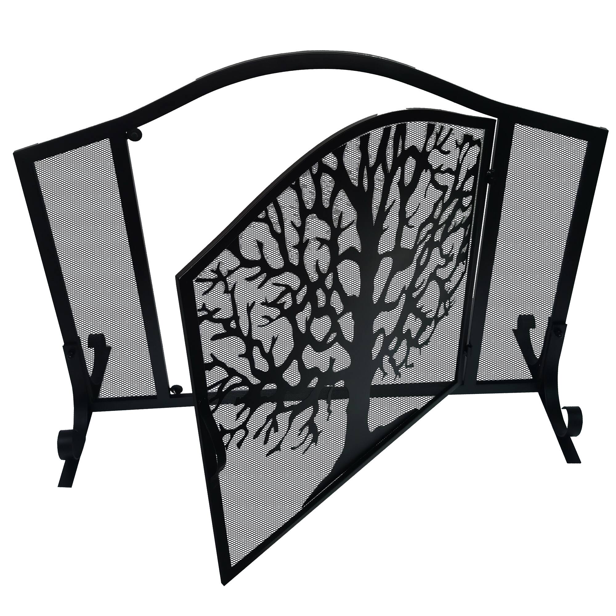 Alt View 4. Manhattan Lane - 43 Inches 3 Panel Iron Fireplace Screen, Mesh Design, Arched Top, Tree of Life Art - Black.