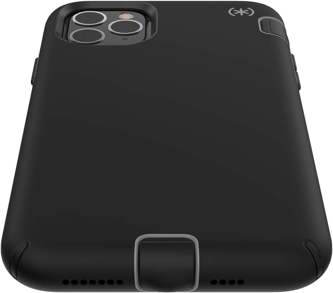 The image shows a black phone case with a camera cutout and a magnetic clasp at the bottom. There is a wireless charging symbol at the top.