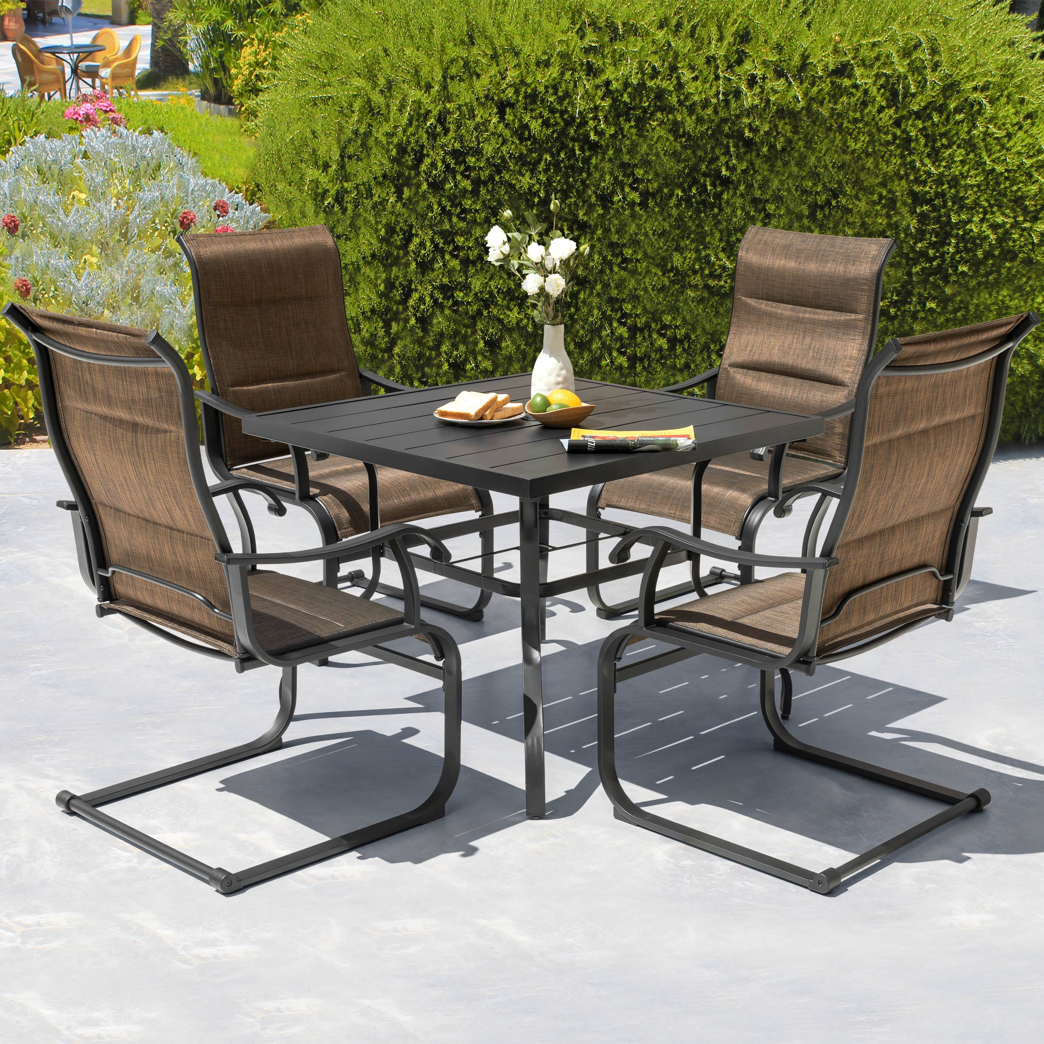 Angle. Nuu Garden - Patio 5-Piece Dining Set, Premium Textilene Chairs, Square Iron Table - Brown.