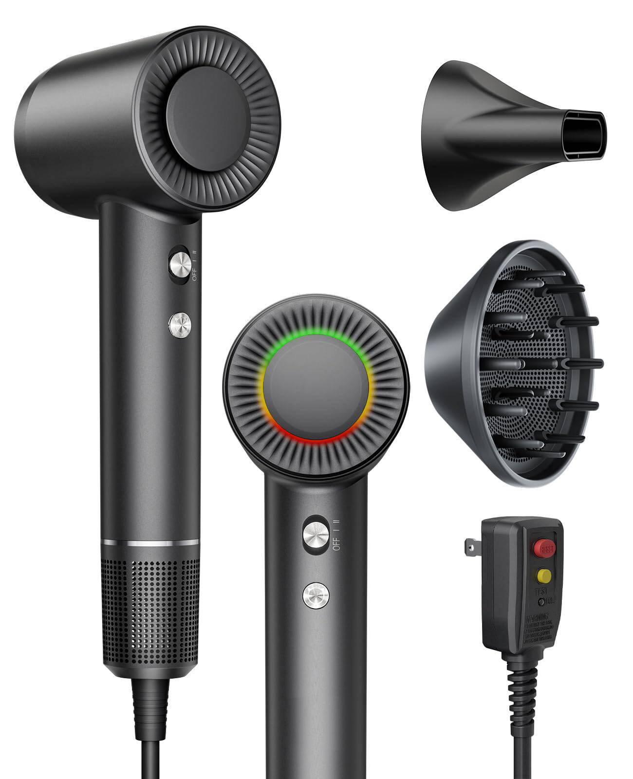 ARTSEA - Hair Dryer – Negative Ionic, 160,000 RPM Brushless Motor, Fast Drying, Low Noise, Thermo-Control with Magnetic Nozzle - Black