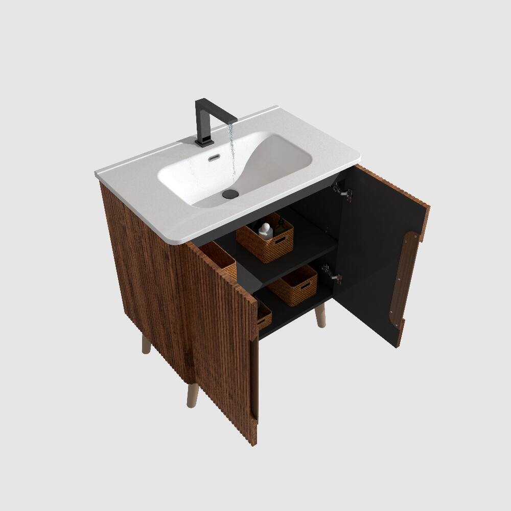 Alt View 6. Loheer - Loheer 30 inch freestanding bathroom vanity Striped Walnut with Ceramic Sink - White, Walnut.