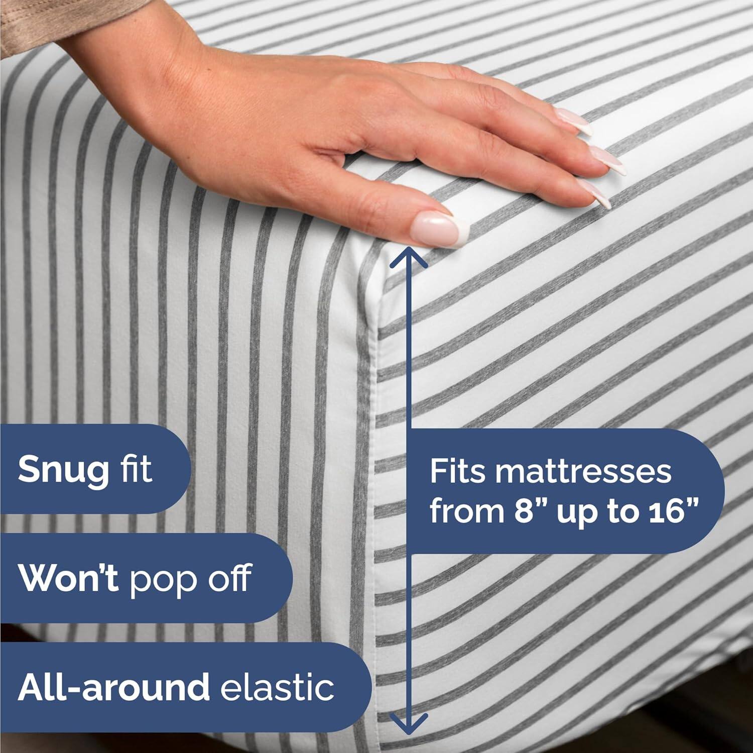 - Snug fit
- Fits mattresses from 8" up to 16"
- Won't pop off
- All-around elastic