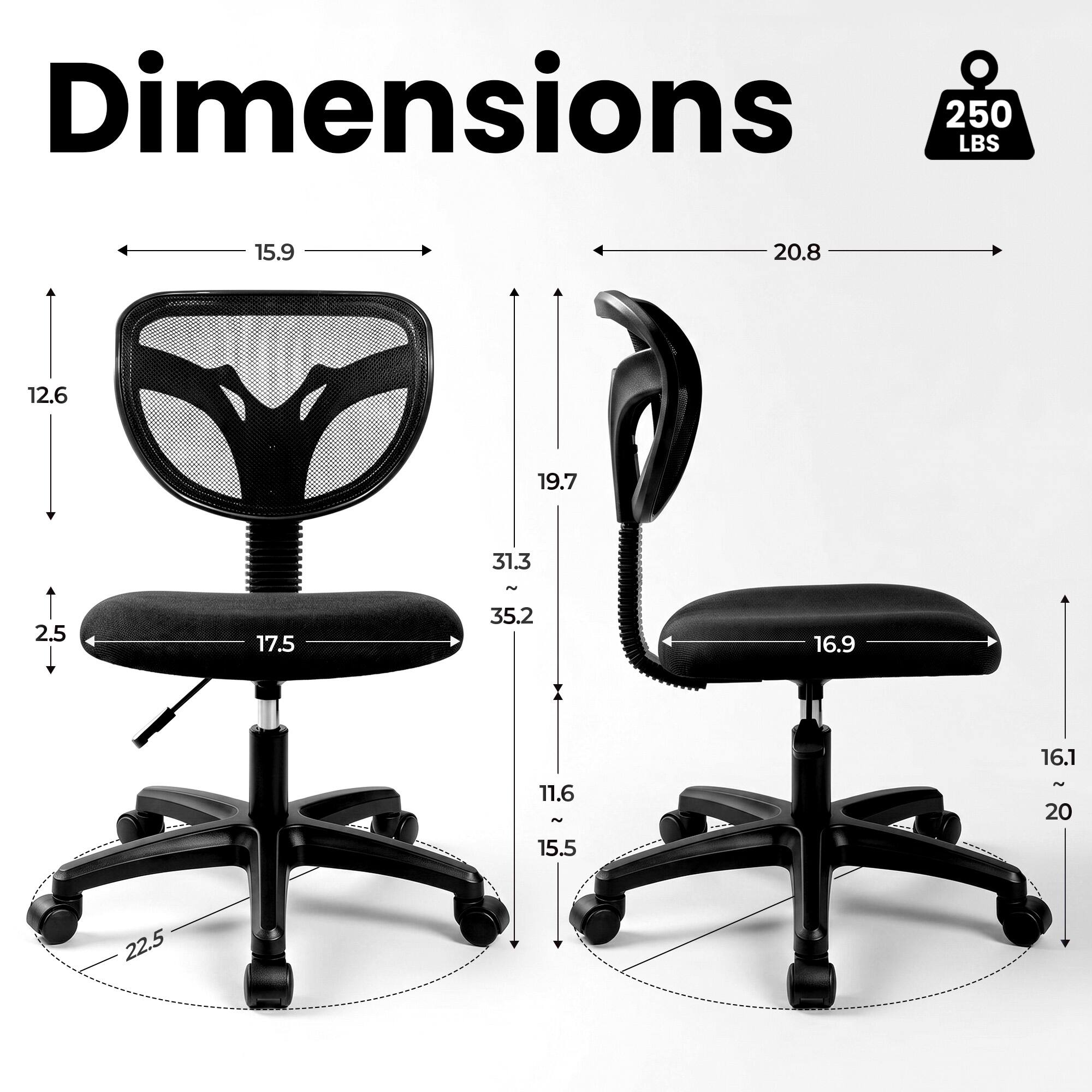 Dimensions  
250 LBS

15.9  
20.8  
12.6  
19.7  
31.3  
~  
2.5  
17.5  
35.2  
16.9  
16.1  
11.6  
~ 20  
15.5  
22.5
