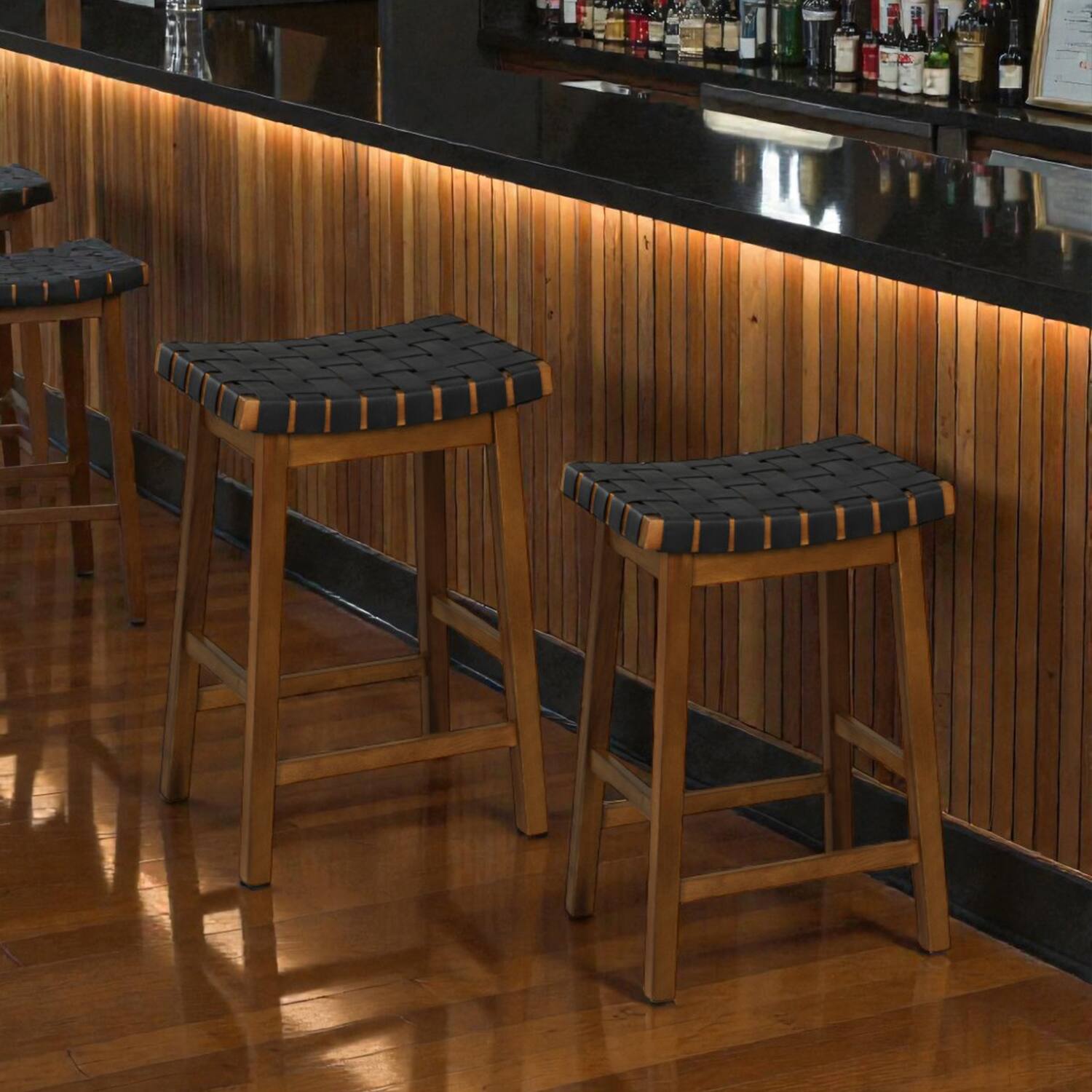 Hivvago - Set of 2 Bar Height Stools with Faux PU Leather and Woven Curved Seats - 25 inches - Black