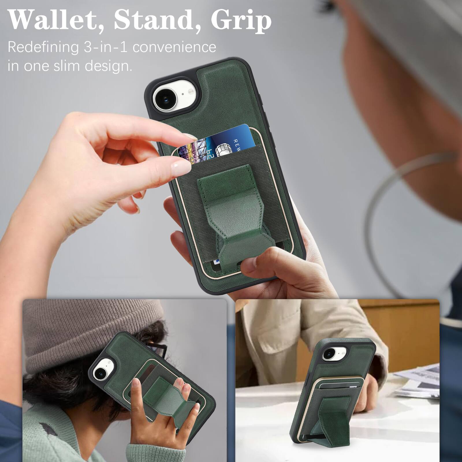 Wallet, Stand, Grip  
Redefining 3-in-1 convenience in one slim design.