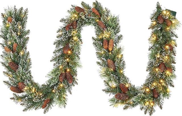 Front. Jojoka - 9-ft Green Christmas Garland Battery Operated for Indoor Outdoor Holiday Decorations - Green.