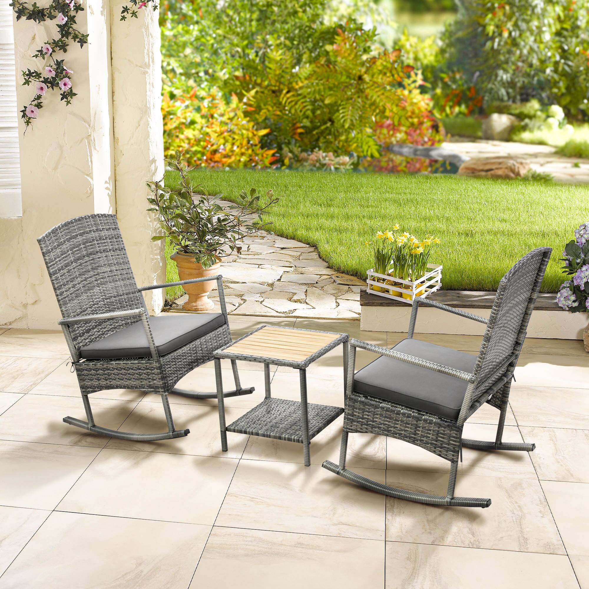 Alt View 1. Outsunny - 3 Piece Outdoor PE Rattan Rocking Chair Set - Grey.