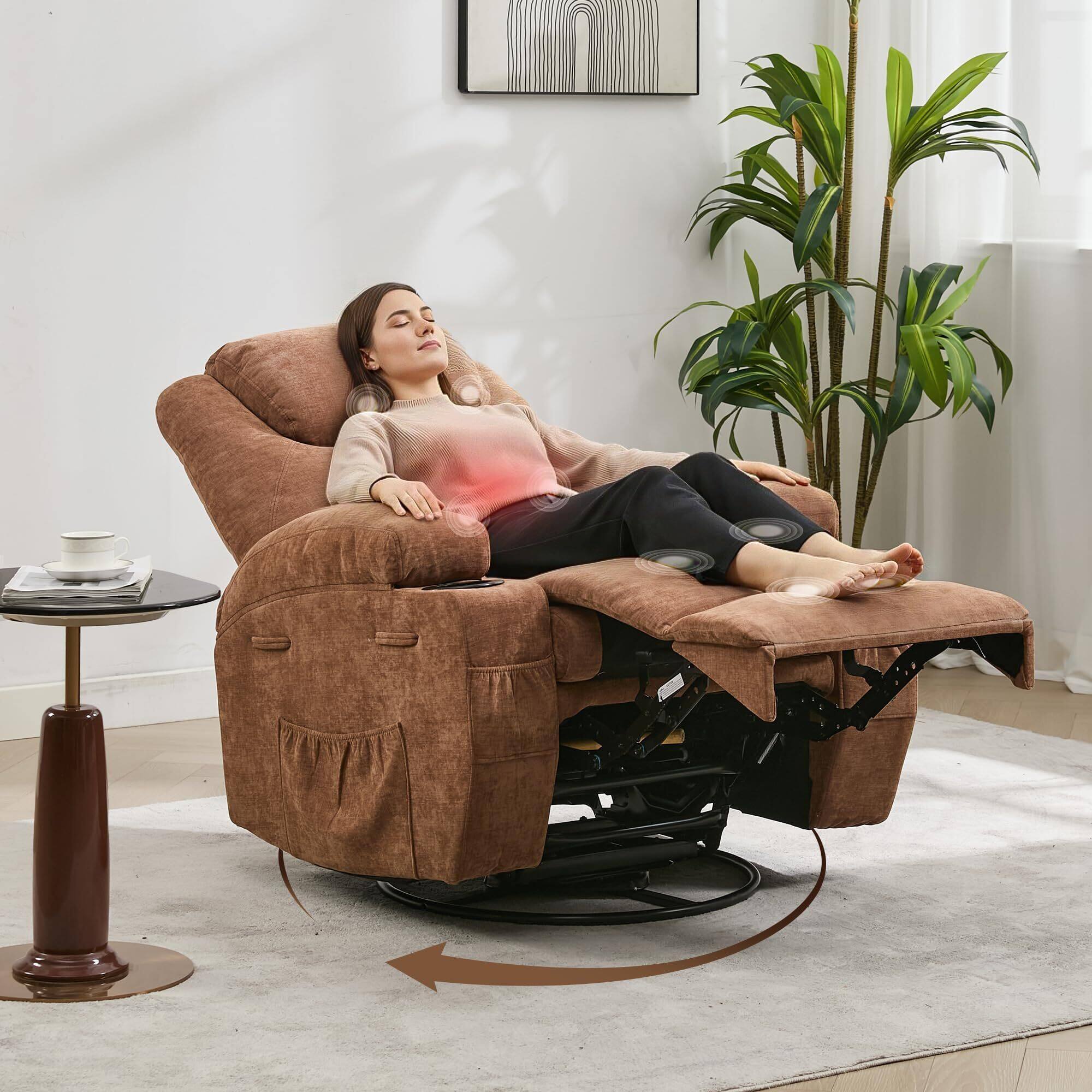 Alt View 1. Acekool - 360° Swivel Rocker Recliner Chair with Massage & Heat, Comfortable Glider Reclining Chair for Adults - Brown.