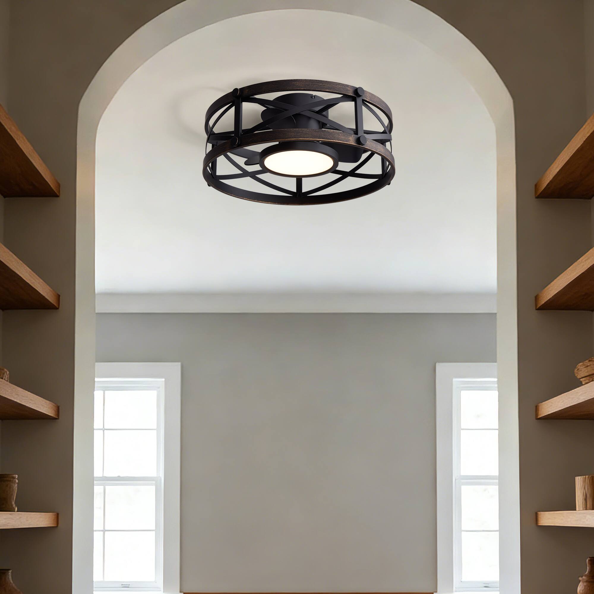 Alt View 1. Siljoy - 22 Inch Cross Cage Vintage Bronze Iron LED Flush Mount Ceiling Fan Light for Bedroom Living Room Dining Room - Brown.