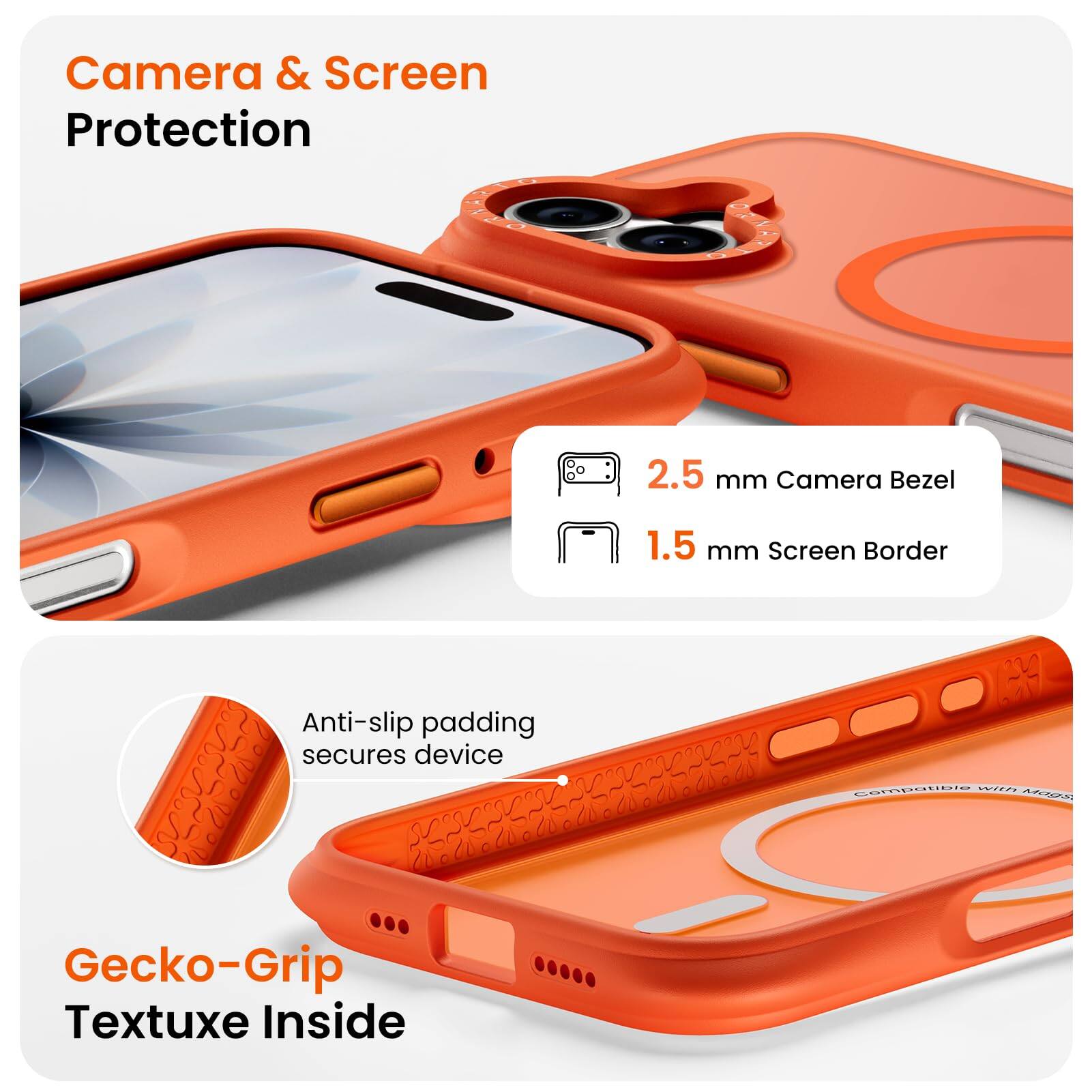 Camera & Screen Protection  
2.5 mm Camera Bezel  
1.5 mm Screen Border  
Anti-slip padding secures device  
Gecko-Grip Textuxe Inside