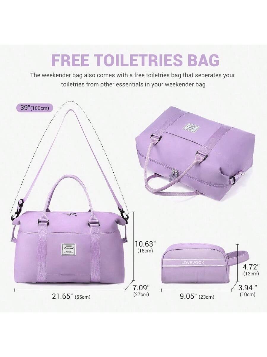 FREE TOILETRIES BAG  
The weekender bag also comes with a free toiletries bag that separates your toiletries from other essentials in your weekender bag  

39" (100cm)  
21.65" (55cm)  
10.63" (18cm)  
7.09" (27cm)  
9.05" (23cm)  
4.72" (12cm)  
3.94" (10cm)