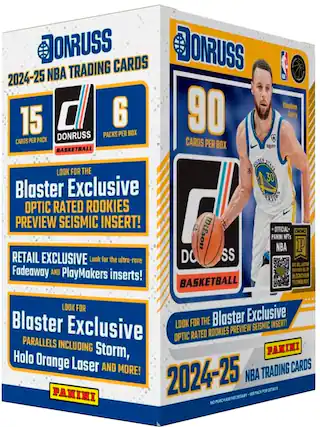 BONRUSS CARDS DONRUSS 2024-25 NBA TRADING CARDS 90 Stephen 15 6 Cumy DONRUSS PACKS PER BOX CARDS PER BOX BASKETBALL LOOK FOR THE 30 Blaster Exclusive OPTIC RATED ROOKIES PREVIEW SEISMIC INSERT! 1 Wilson PANINI OFFICIAL NBA NFTs 000 P RETAIL EXCLUSIVE Look for the ultra-rare DOSS Fadeaway AND PlayMakers inserts! BASKETBALL TECHNOLOGY LOOK FOR Blaster Exclusive Look FOR THE Blaster Exclusive SEISMIC INSERT! ROOKIES PREVIEW OPTIC RATED PARALLELS INCLUDING Storm, FAMINI Holo Orange Laser AND MORE! TRADING CARDS 2024-25 NBA DONRUSS PACKS PER BOX CARDS PER BOX BASKETBALL