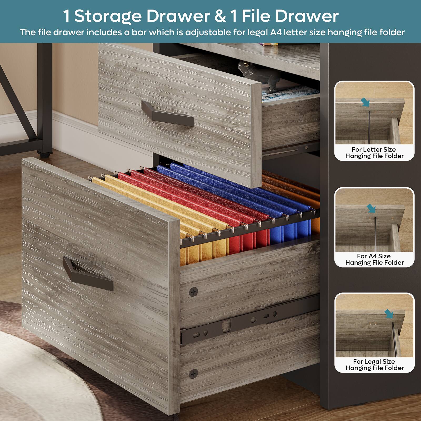The image features a storage drawer and a file drawer, both made of wood. The file drawer includes an adjustable bar that can accommodate legal A4 letter size hanging file folders. The storage drawer is designed to hold various items, such as books, documents, and other office supplies. The drawer is open, revealing its contents, and the file drawer is also open, showcasing the adjustable bar and the hanging file folders.