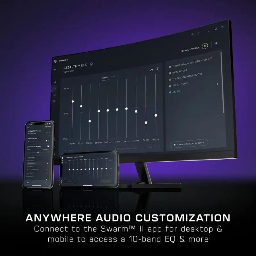 PROFILE DEFAULT u FAEM . 600 STEALTH EQUALIZER IS d GAME MIC 7 SOUND MEACH SIGNATURE TURTLE BARS ROOST BASS BOOST TREBLE AND VOCAL BOOST MUSIC 0 - - -. STEALIT- d - | - + - - : - a - - a cascer DO - A r 250 .. 500 HI 2H 1 48 Hr T4 ar Save - I preser  S H d Save Create rustom presets I - -. - -- ! - - I I I - - - I I I - ANYWHERE AUDIO CUSTOMIZATION Connect to the Swarm TM Il for & app desktop mobile to access a 10-band EQ & more.