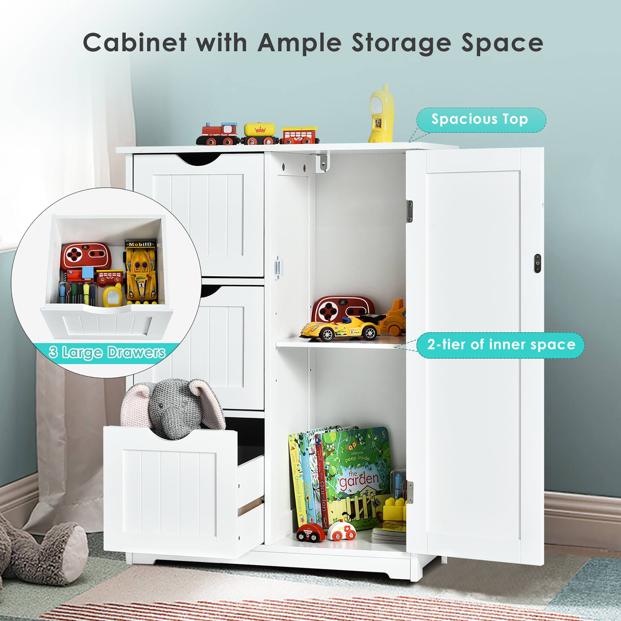 Cabinet with Ample Storage Space

- Spacious Top
- 3 Large Drawers
- 2-tier of inner space