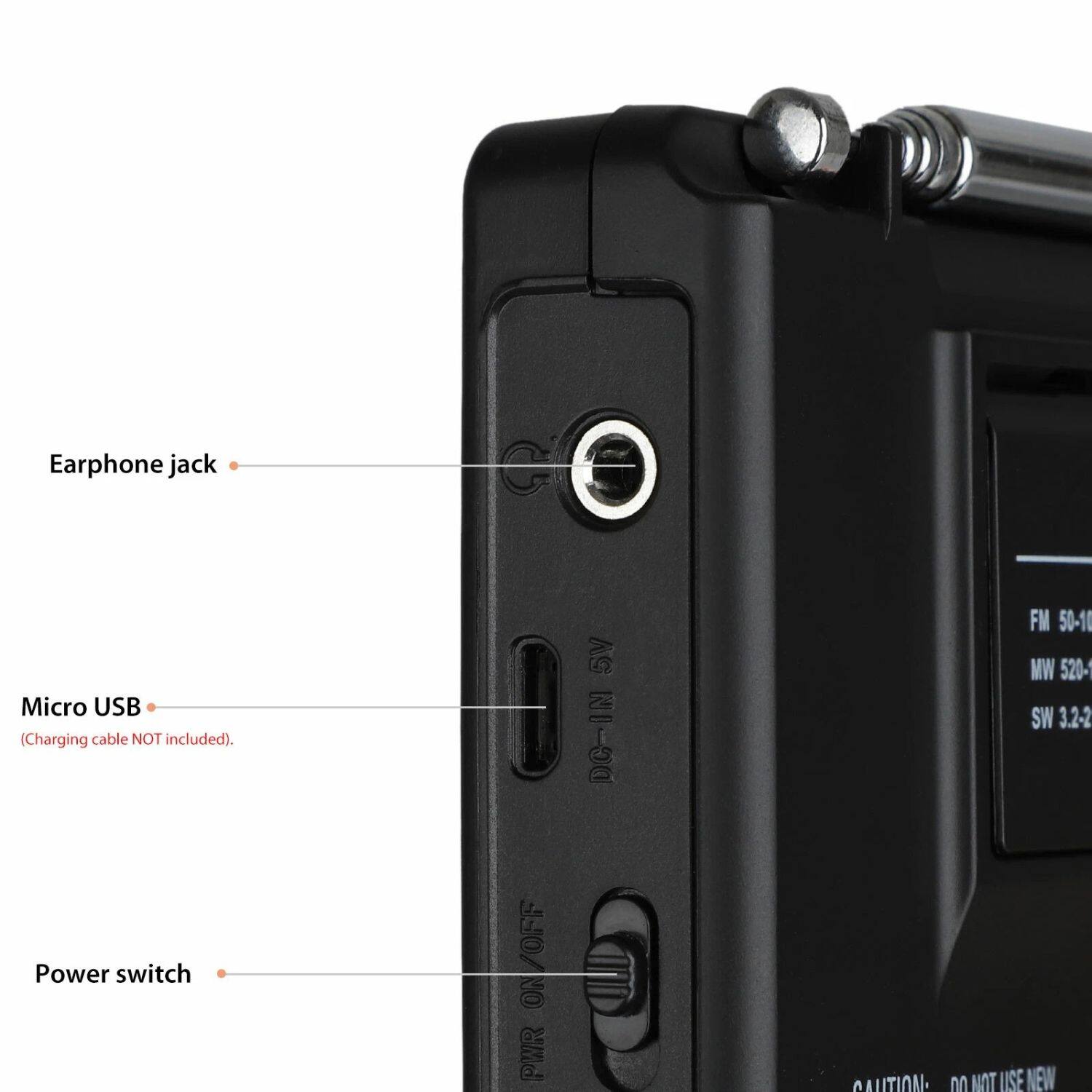 Earphone jack Micro USB (Charging cable NOT included). Power switch OFF ON PWR CALITION nn NOT UISE NEW 5V NI-90 FM 50-10 MW 520- SW 3.2-2