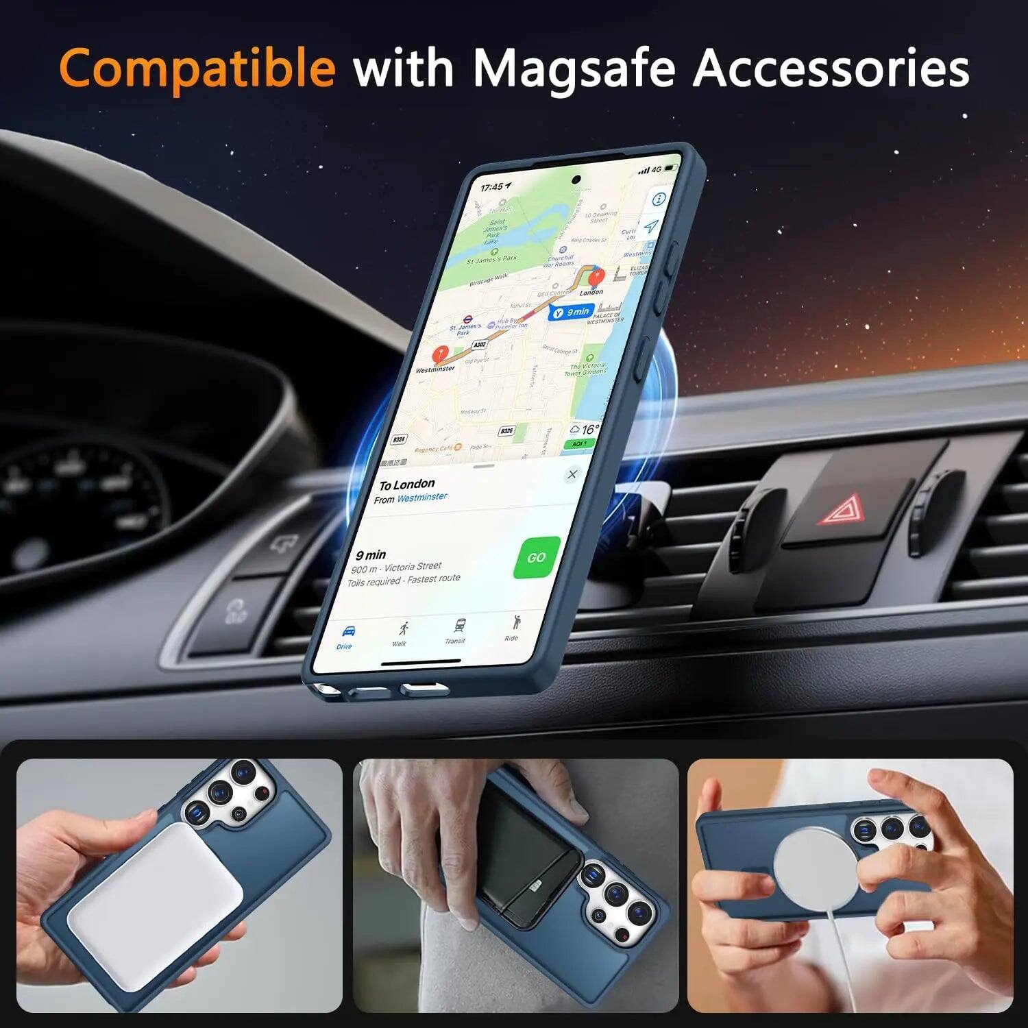 Compatible with Magsafe Accessories

4G

17:45

Saint

Sweet KeyDard

Are on

Stames s s Pank and .

Landen

9min

on

Westminster

TM VICTORA

#25 Page &

16 a

TO London From Westminster

X

min 900 11 Victoria Street Fastest route Toils required

GO

Drive

.. MOR

Trance

Ride