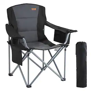 VEVOR - Camping Folding Chair for Adults, Portable Heavy Duty Outdoor Quad Lumbar Back Padded Arm Chairs with Side Pockets - Black;Grey