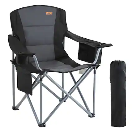 Front. VEVOR - Camping Folding Chair for Adults, Portable Heavy Duty Outdoor Quad Lumbar Back Padded Arm Chairs with Side Pockets - Black;Grey.