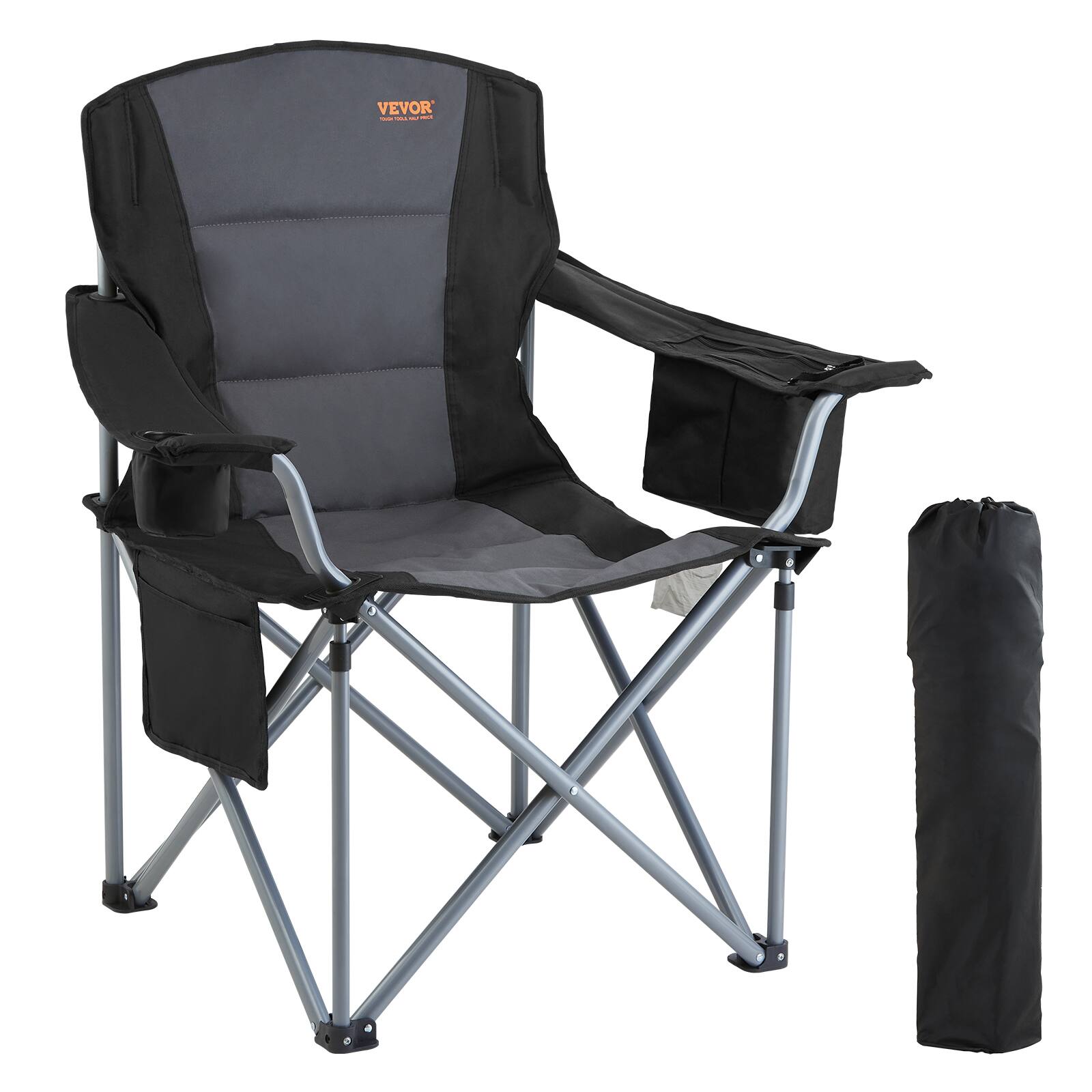 VEVOR - Camping Folding Chair for Adults, Portable Heavy Duty Outdoor Quad Lumbar Back Padded Arm Chairs with Side Pockets - Black;Grey