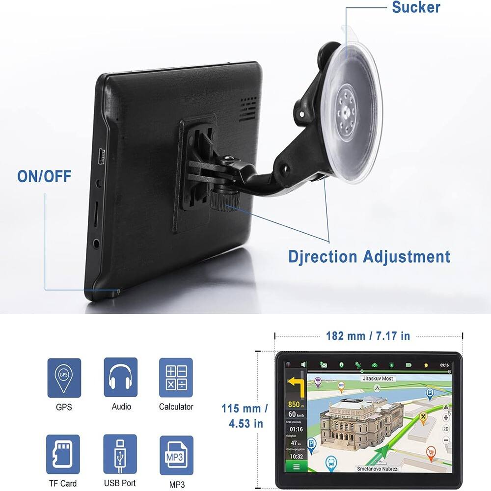 Sure, here is the corrected and grouped text:

---

**Sucker ON/OFF**

**Djrection Adjustment**

**182 mm / 7.17 in**

**115 mm / 4.53 in**

**GPS Audio Calculator**

**TF Card USB Port MP3**

**01:16 - 47 P x MP3 10:32**

**Smetanova Nabrezi**

**Jiraskuv Most**

**850 m 60 km/h**

**01:16**

**47 m**

**10:32**

**Smetanova Nabrezi**

**Jiraskuv Most**

**182 mm / 7.17 in**

**115 mm / 4.53 in**

**GPS Audio Calculator**

**TF Card USB Port MP3**

---

This text is organized based on the labels and information provided in the image.