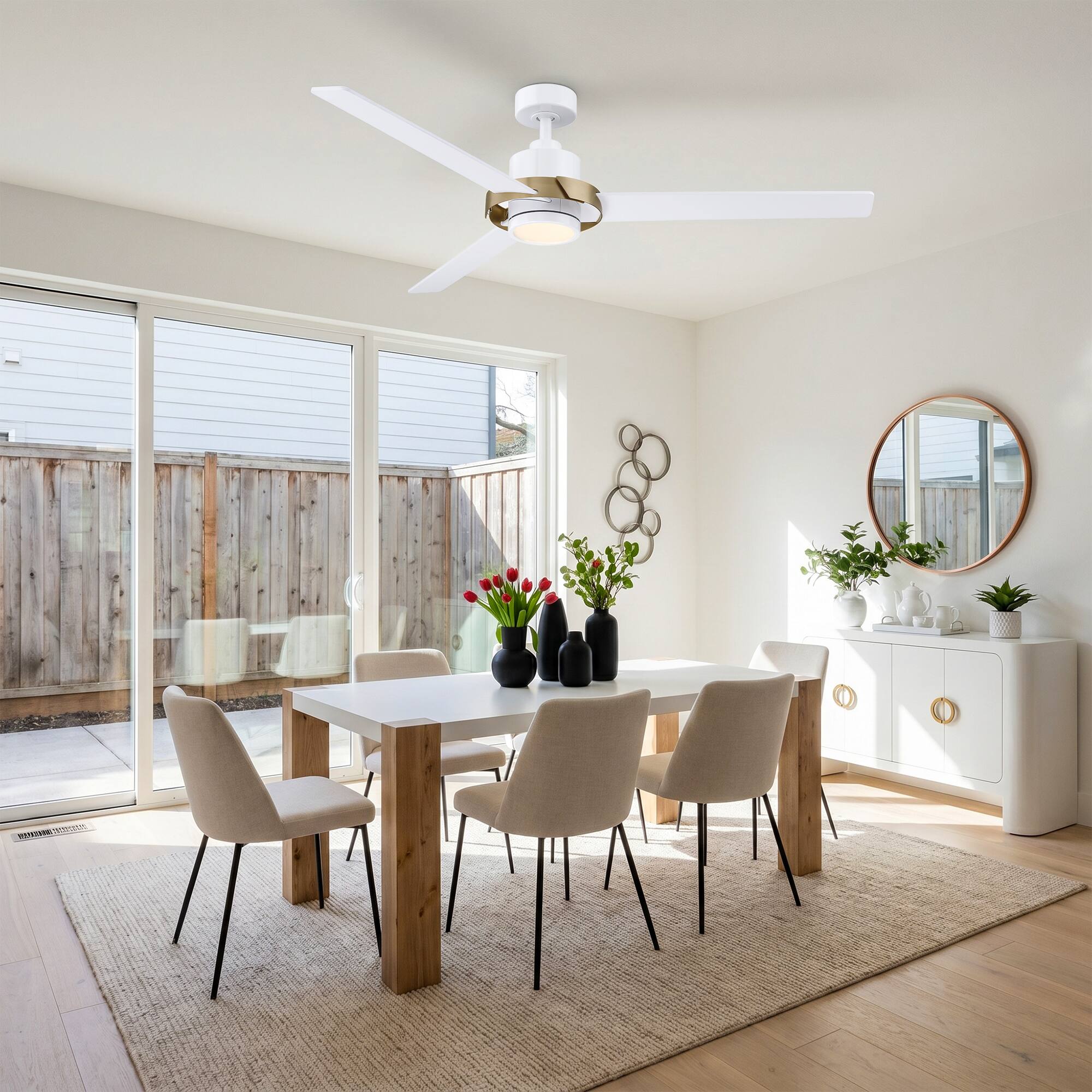 Left. Parrot Uncle - 60 Inch Modern Dimmable LED Ceiling Fan with Remote Control and 6 Speed DC Motor - White.