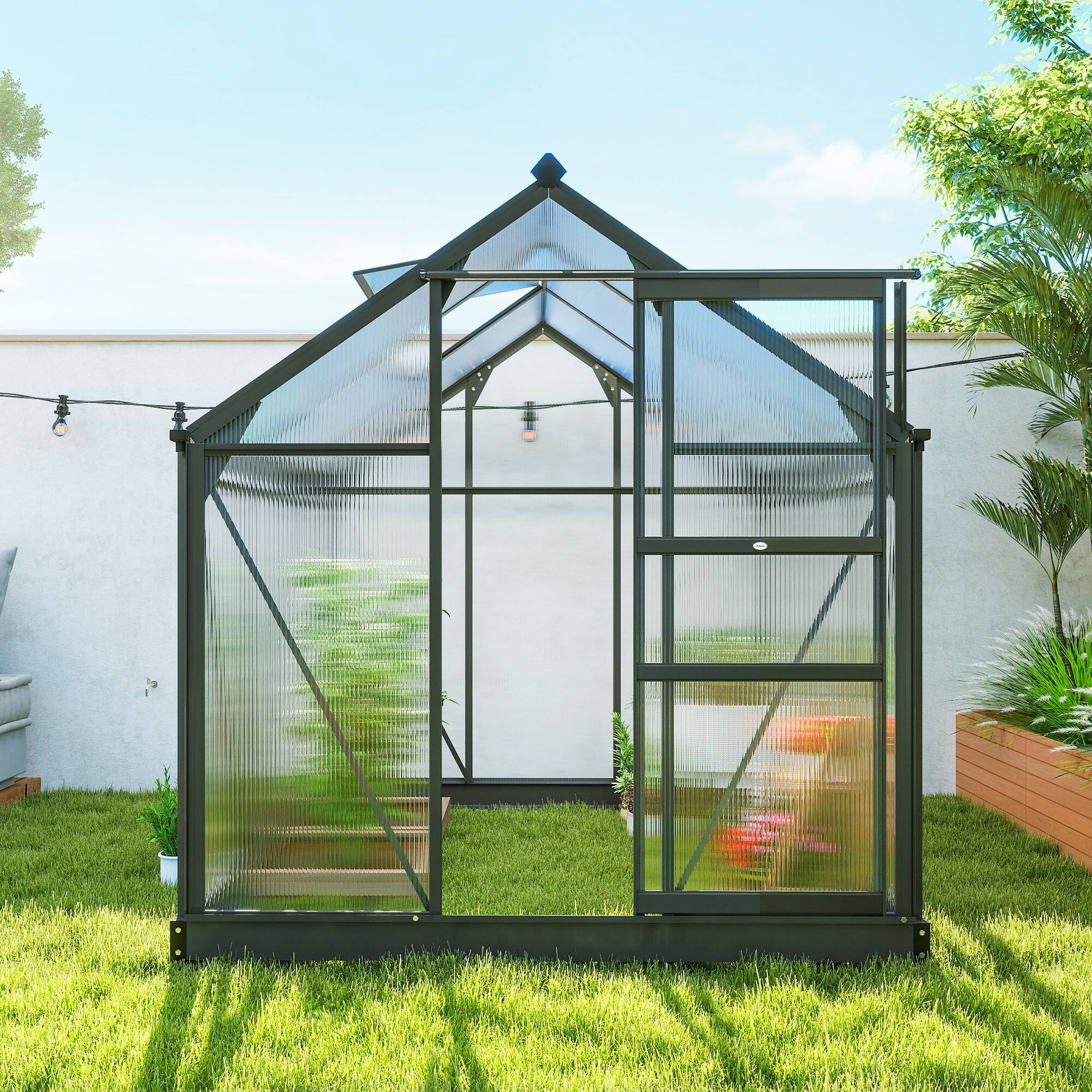 Alt View 8. Outsunny - Polycarbonate Greenhouse, Heavy Duty Outdoor Aluminum Walk-in Green House Kit Vent Door.