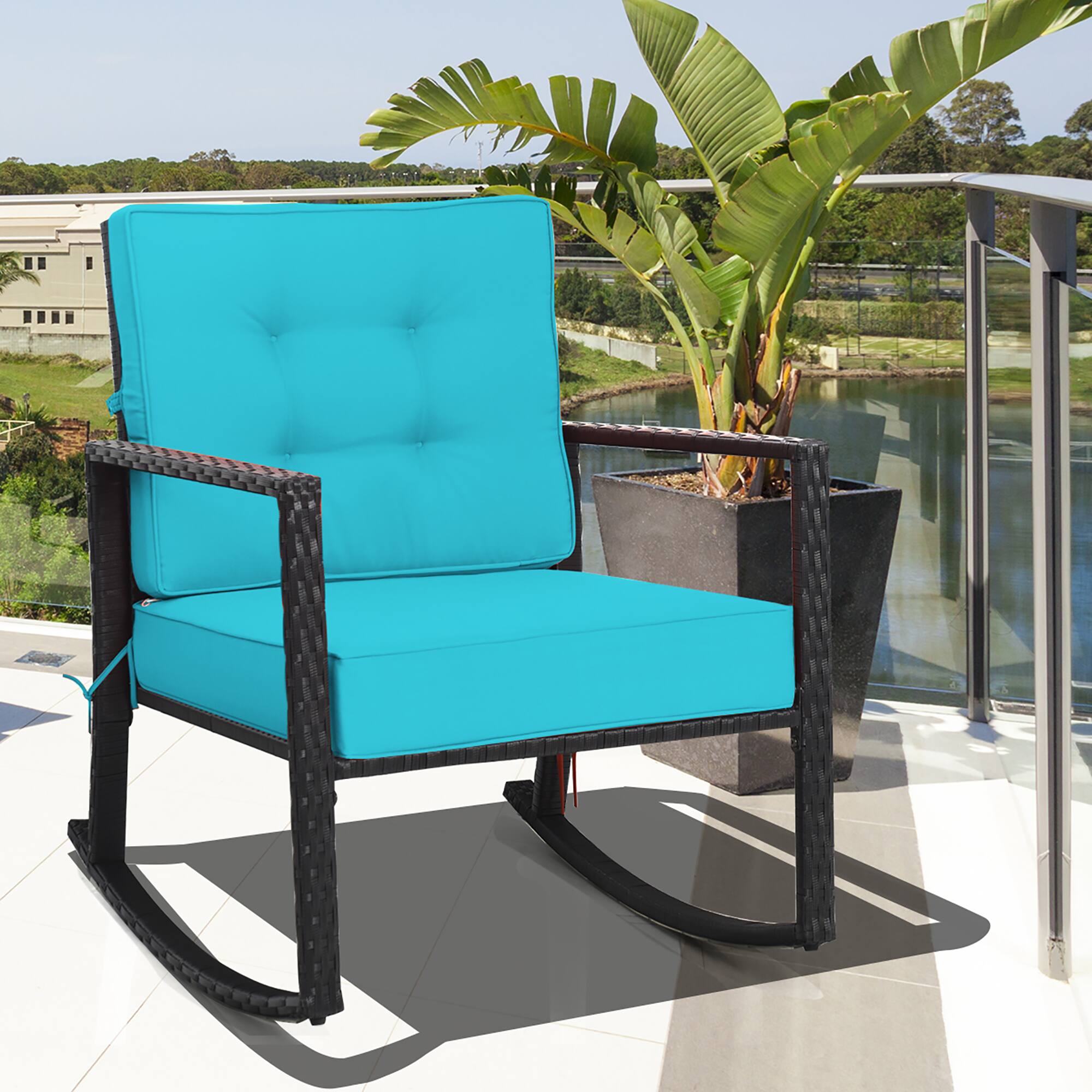 Alt View 1. Costway - Costway Patio Rattan Rocker Chair Outdoor Glider Rocking Chair Cushion Lawn - Turquoise.