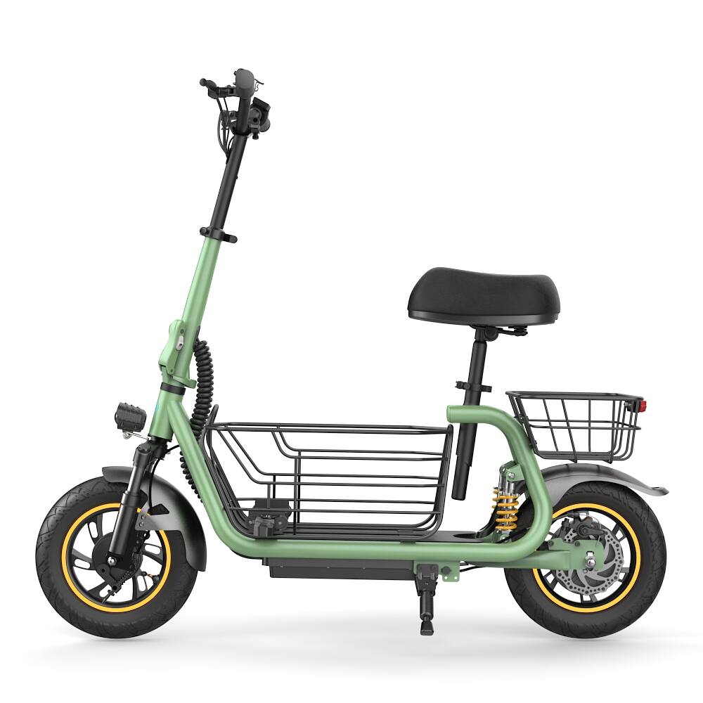 Left. MIHOVER - 500W Electric Scooter with Seat for Adults, 19 MPH, 12-Inch Tires, Dual Shock Absorbers, 36V 10.4Ah, 265lb. Capacity - Green.