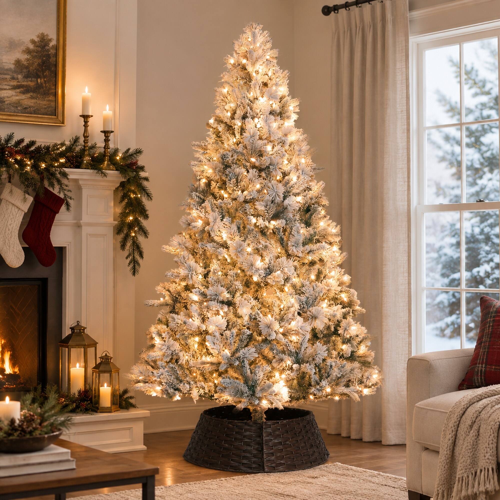 Left. RYHNUYNE - 7.5 Ft Snow Flocked Artificial Christmas Tree With 500 Clear Lights, 1530 Tips Hinged Metal Stand Holiday Decor - Green.