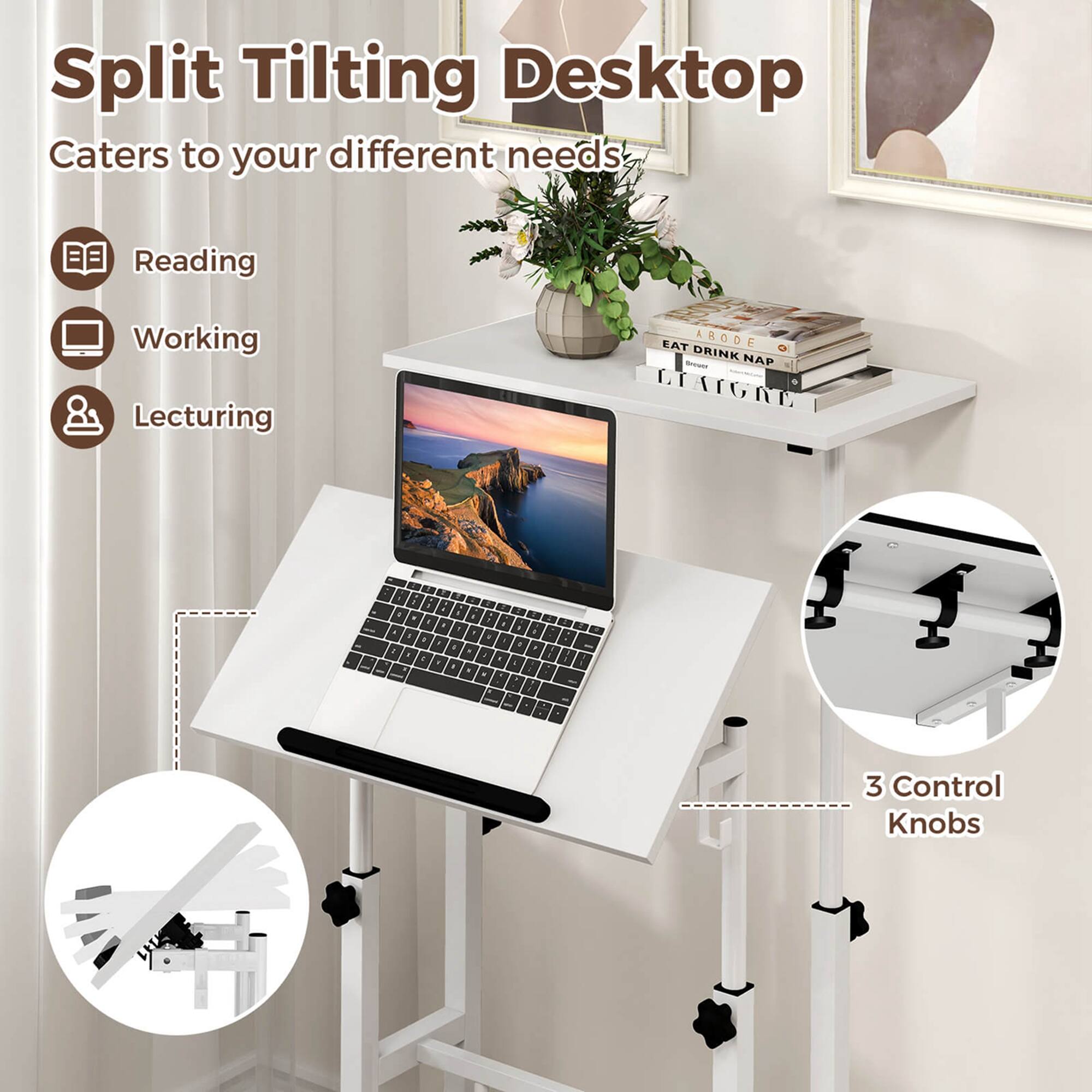 Split Tilting Desktop  
Caters to your different needs:  
- Reading  
- Working  
- Lecturing  

3 Control Knobs