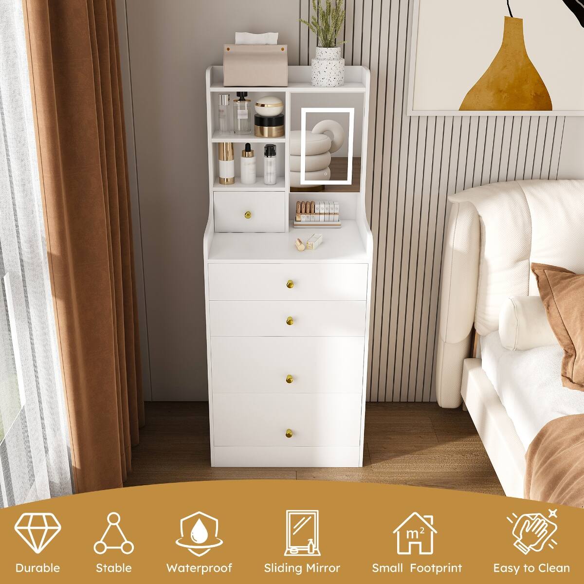 - Durable
- Stable
- Waterproof
- Sliding Mirror
- Small Footprint
- Easy to Clean
