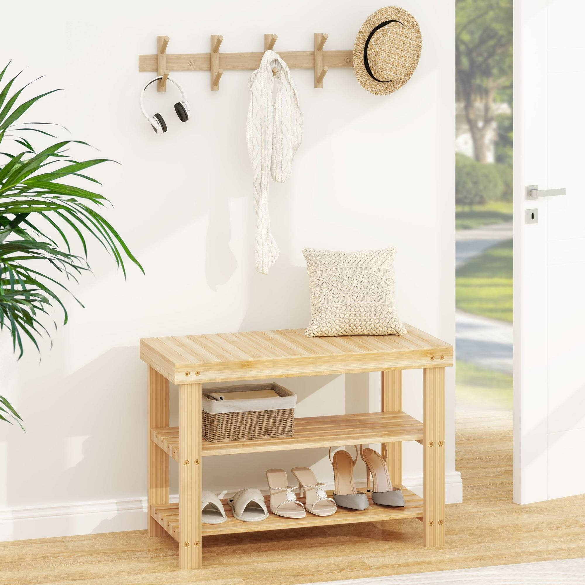 Front. AOITUN - 3-Tier Bamboo Shoe Rack Bench, 11.3 x 27.6 x 17.8 Inches Compact Storage Organizer with 286lb Capacity, Beige - brown.