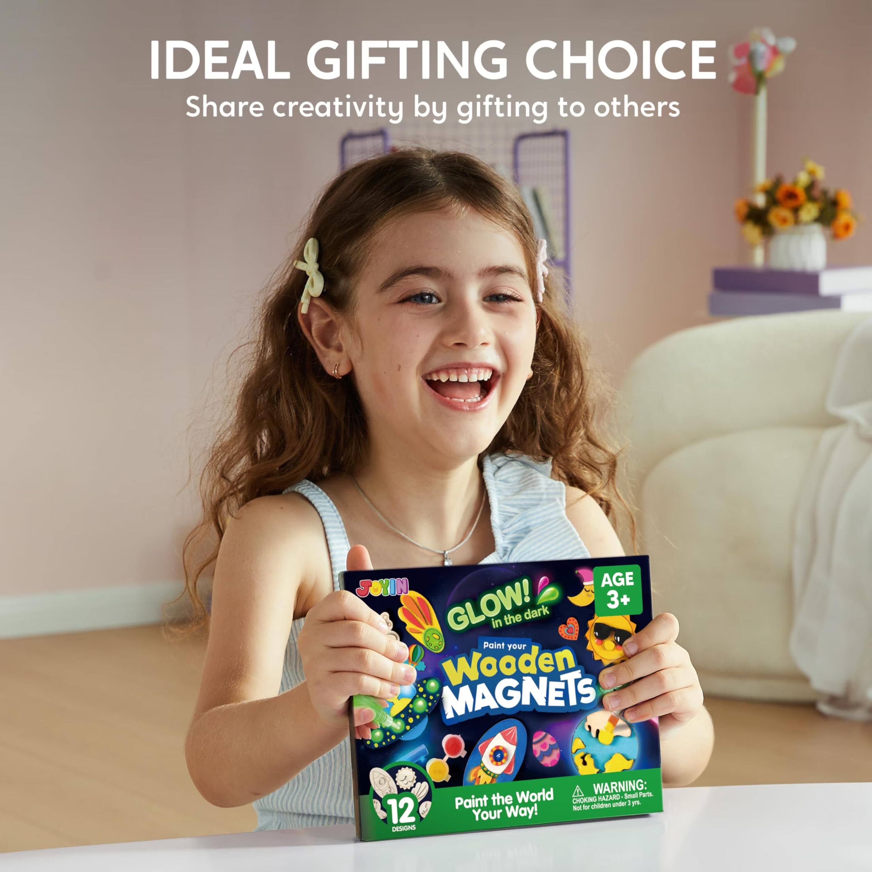 IDEAL GIFTING CHOICE  
Share creativity by gifting to others

SOYIN AGE GLOW!  
3+ in the dark  
Paint your Wooden MAGNETS  
12 DESIGNS

WARNING: Small Parts.  
CHOKING HAZARD - Not for children under 3 yrs.