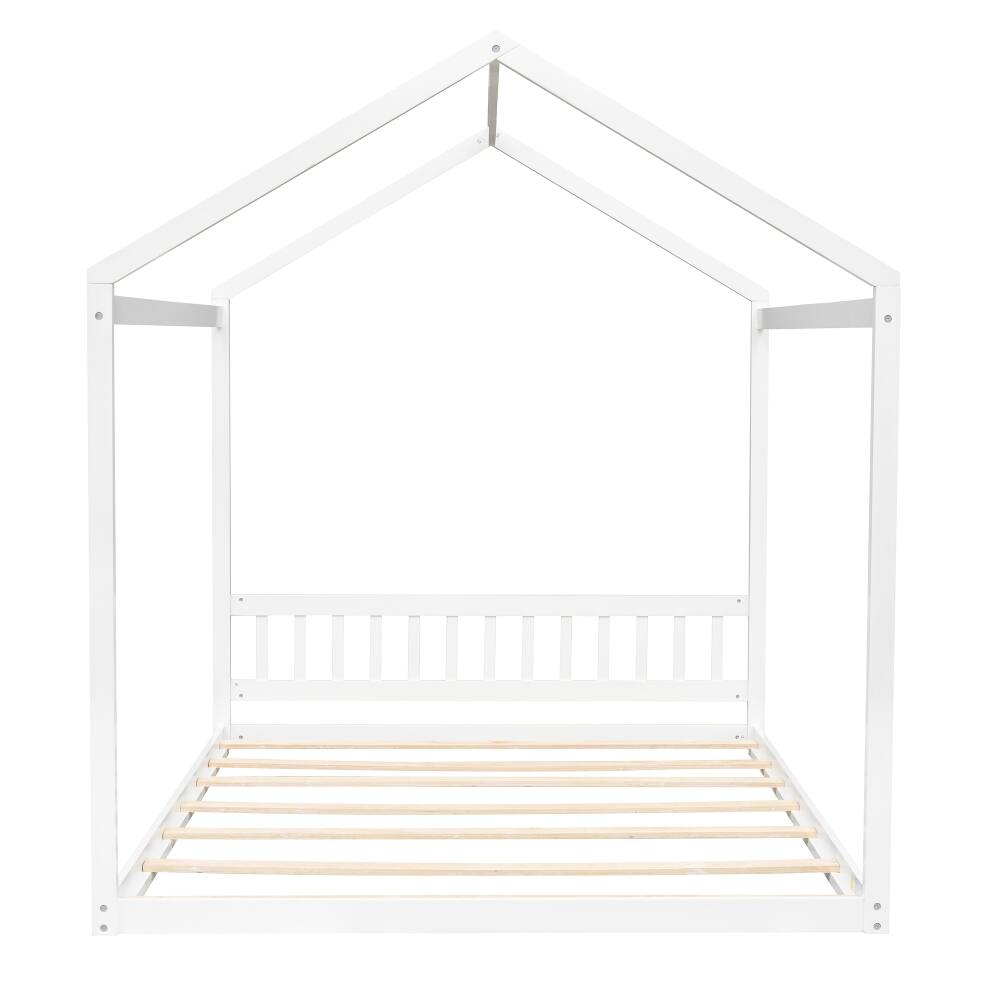 Alt View 4. Loheer - Loheer Queen House Bed White Floor Bed Kids Wooden Bed Frame - White.