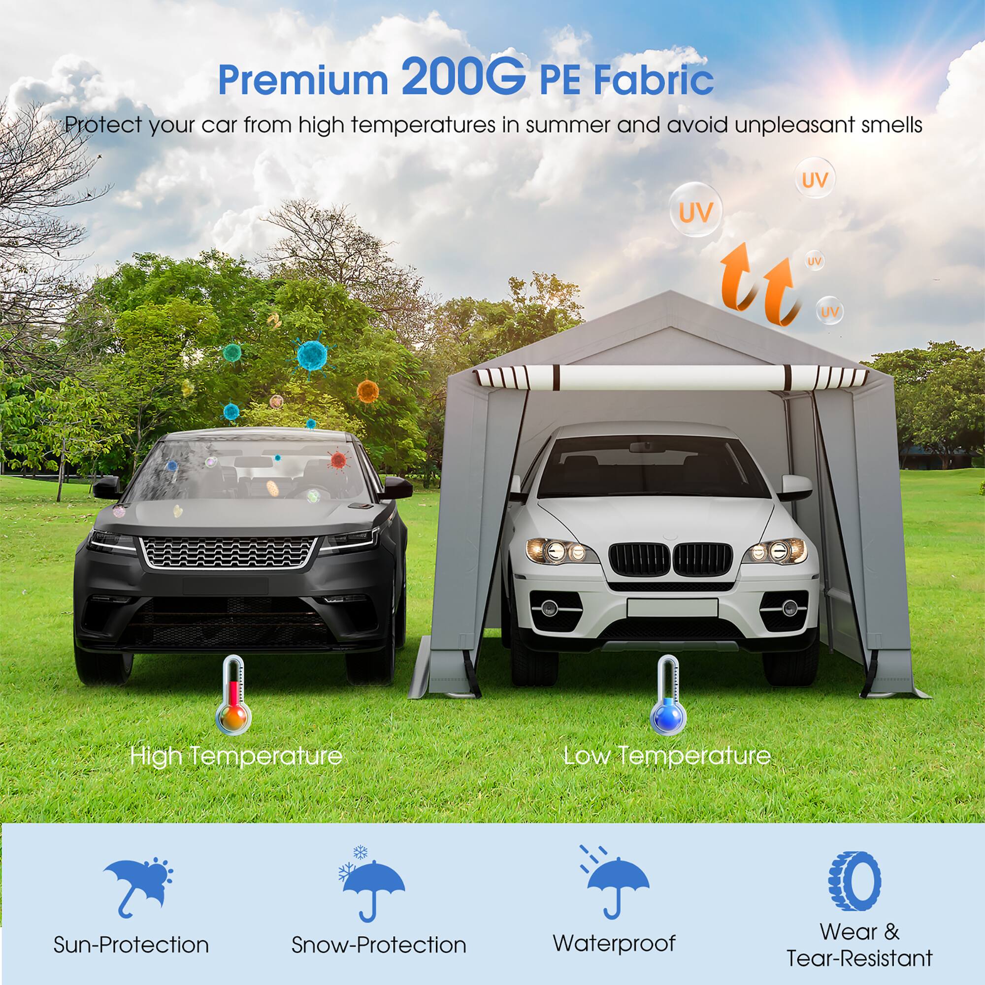 Premium 200G PE Fabric  
Protect your car from high temperatures in summer and avoid unpleasant smells  

UV  
UV  
UV  
UV  

High Temperature  
Low Temperature  

Sun-Protection  
Snow-Protection  
Waterproof  
Wear & Tear-Resistant