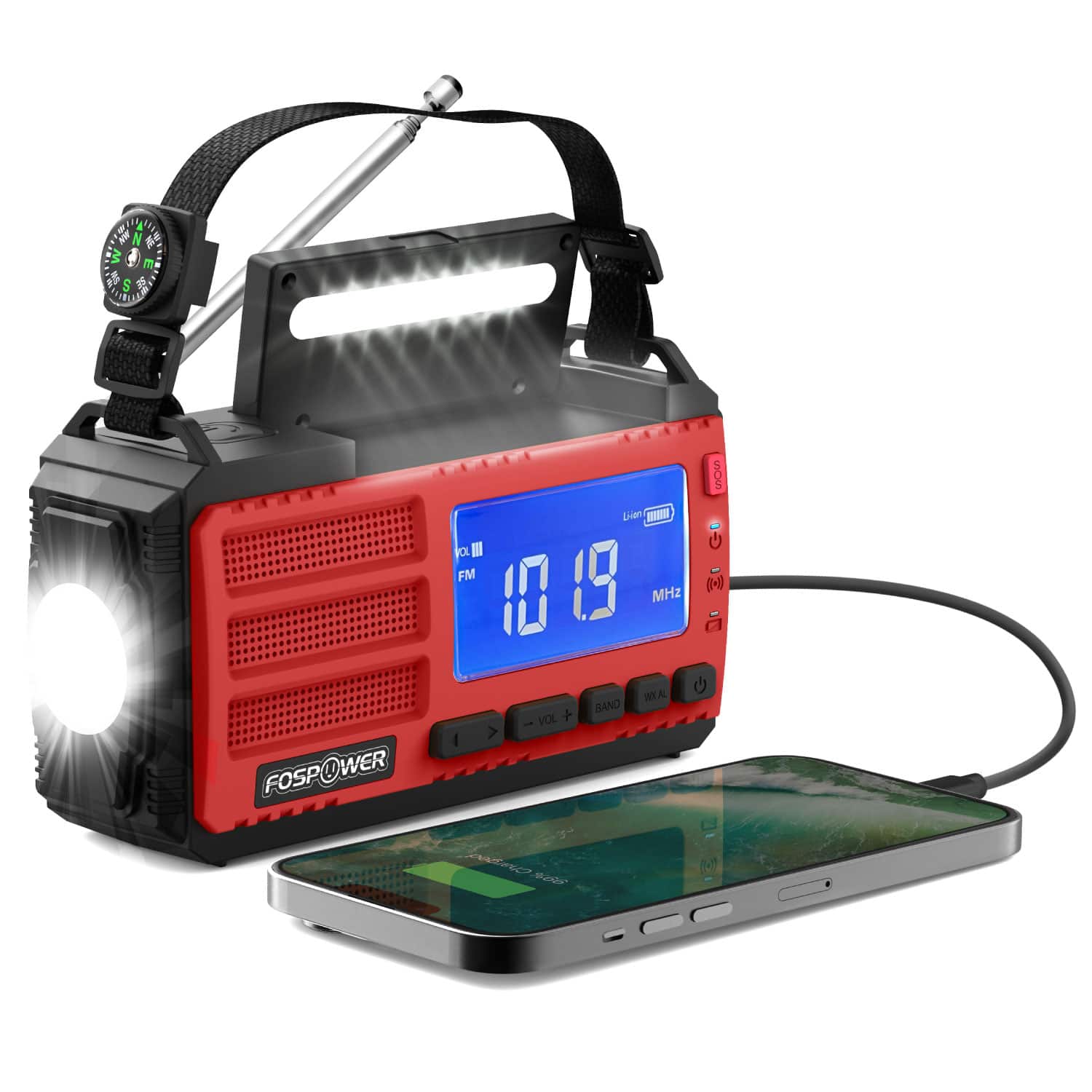 FosPower - Hand Crank Emergency Radio with Light, Portable AM/FM/NOAA Weather Radio Solar Power Bank 10000mAh USB C Cable SOS Alarm - Red