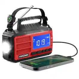 FosPower - Hand Crank Emergency Radio with Light, Portable AM/FM/NOAA Weather Radio Solar Power Bank 10000mAh USB C Cable SOS Alarm - Red