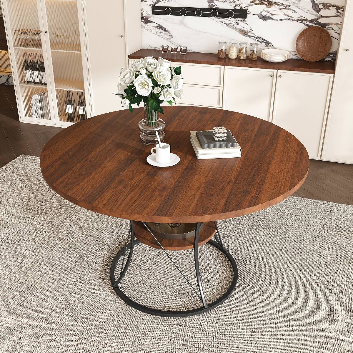 Alt View 4. Loheer - Loheer 43 to 59 inch Extendable Round Dining Table, Walnut Veneer, Black Metal Base - Brown and black.