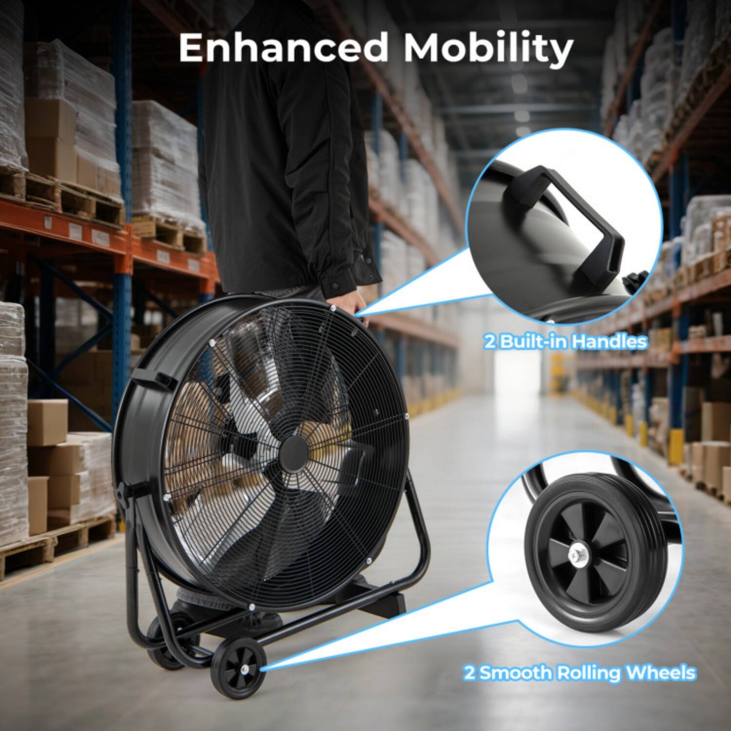 Enhanced Mobility  
2 Built-in Handles  
2 Smooth Rolling Wheels