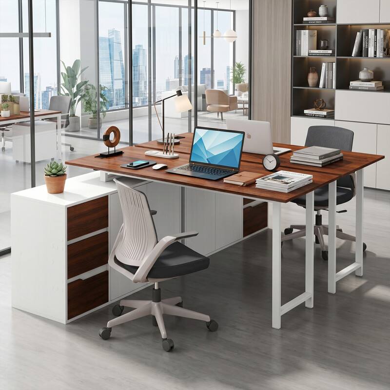 Angle. WELLFOR - 54.5" L Shape Desk with File Cabinet and Power Outlet, Reversible Computer Desk For Home Office - White.