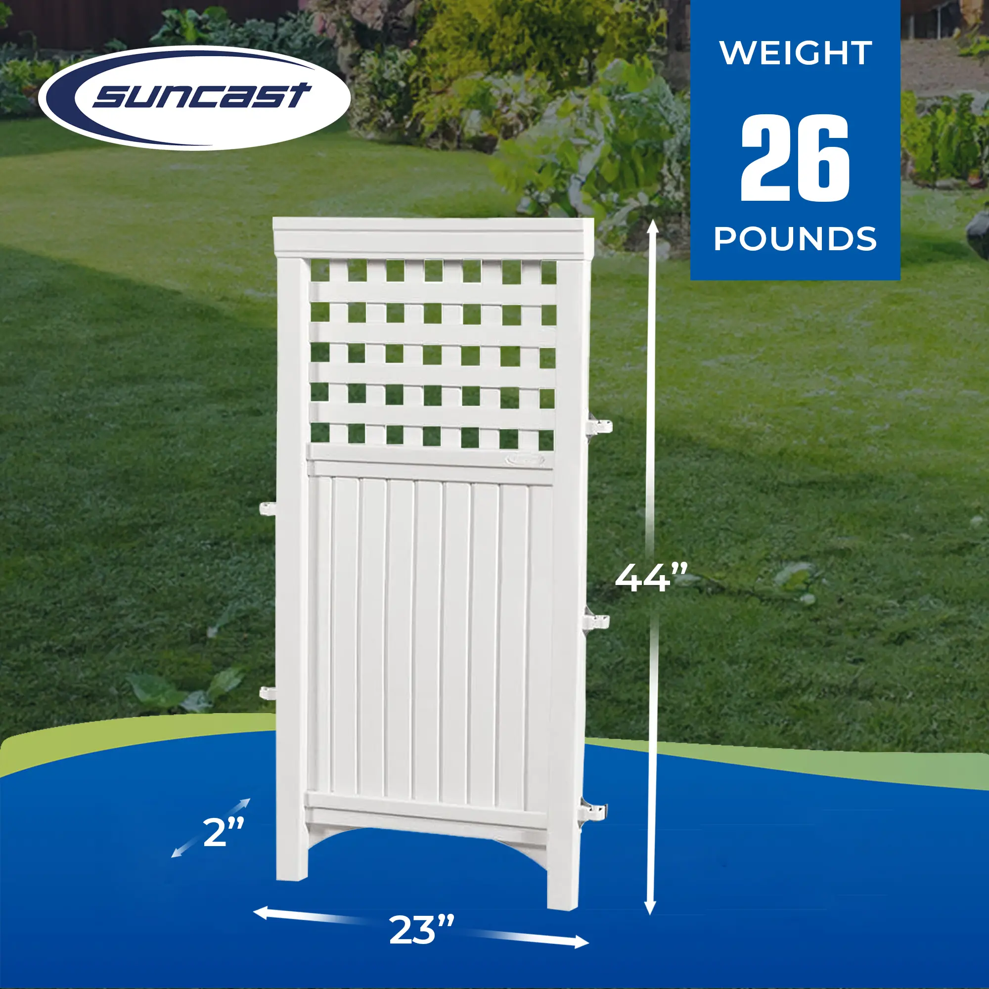 Suncast  
Weight: 26 pounds  
Dimensions: 44" x 23" x 2"