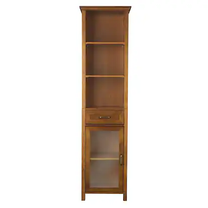 Front. Hivvago - Oak Finish Bathroom Linen Tower Storage Cabinet with Shelves - Brown.