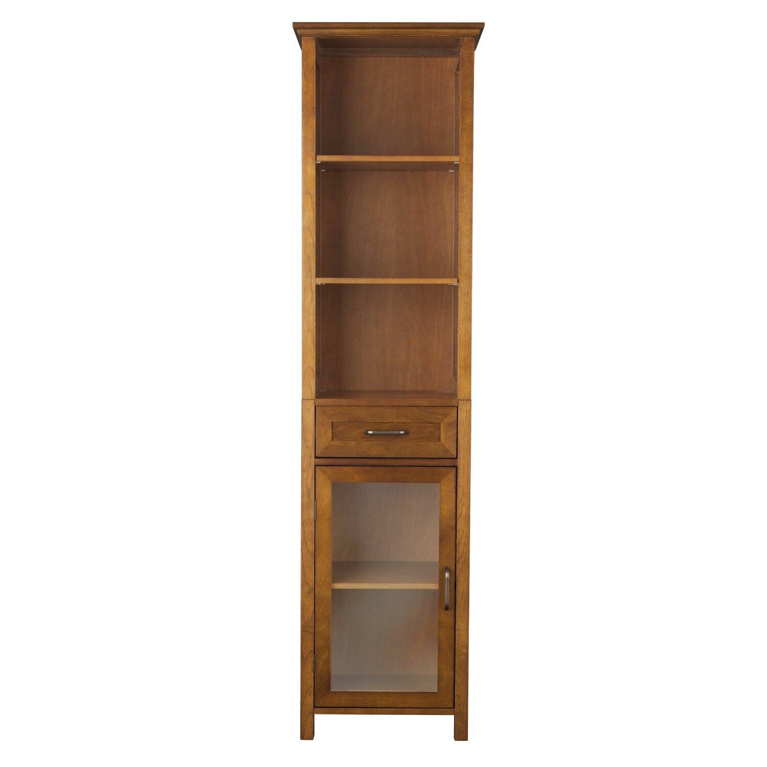 Front. Hivvago - Oak Finish Bathroom Linen Tower Storage Cabinet with Shelves - Brown.