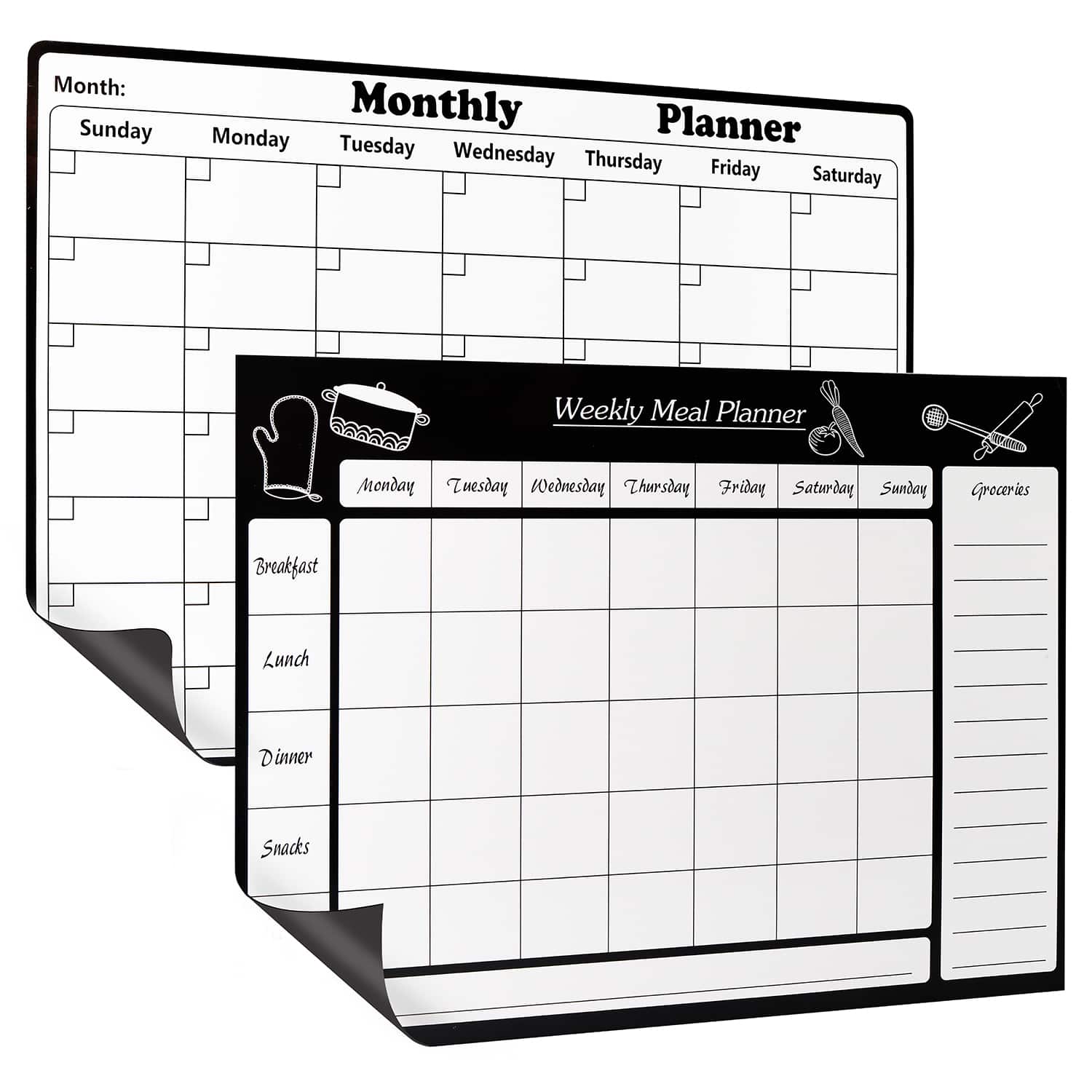 Garnen - Fridge Calendar Magnet Weekly Monthly Planner Set, Magnetic Calendar for Refrigerator, Dry Erase Calendar & Meal Planner - White