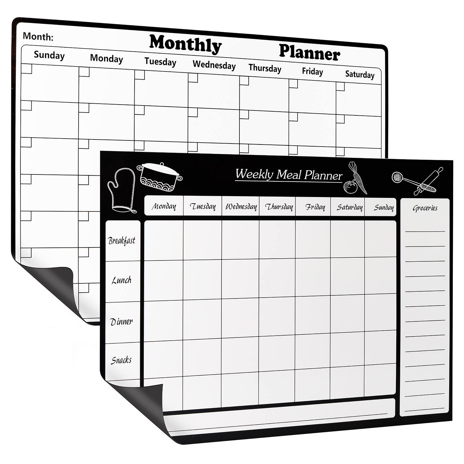 Garnen - Fridge Calendar Magnet Weekly Monthly Planner Set, Magnetic Calendar for Refrigerator, Dry Erase Calendar & Meal Planner - White