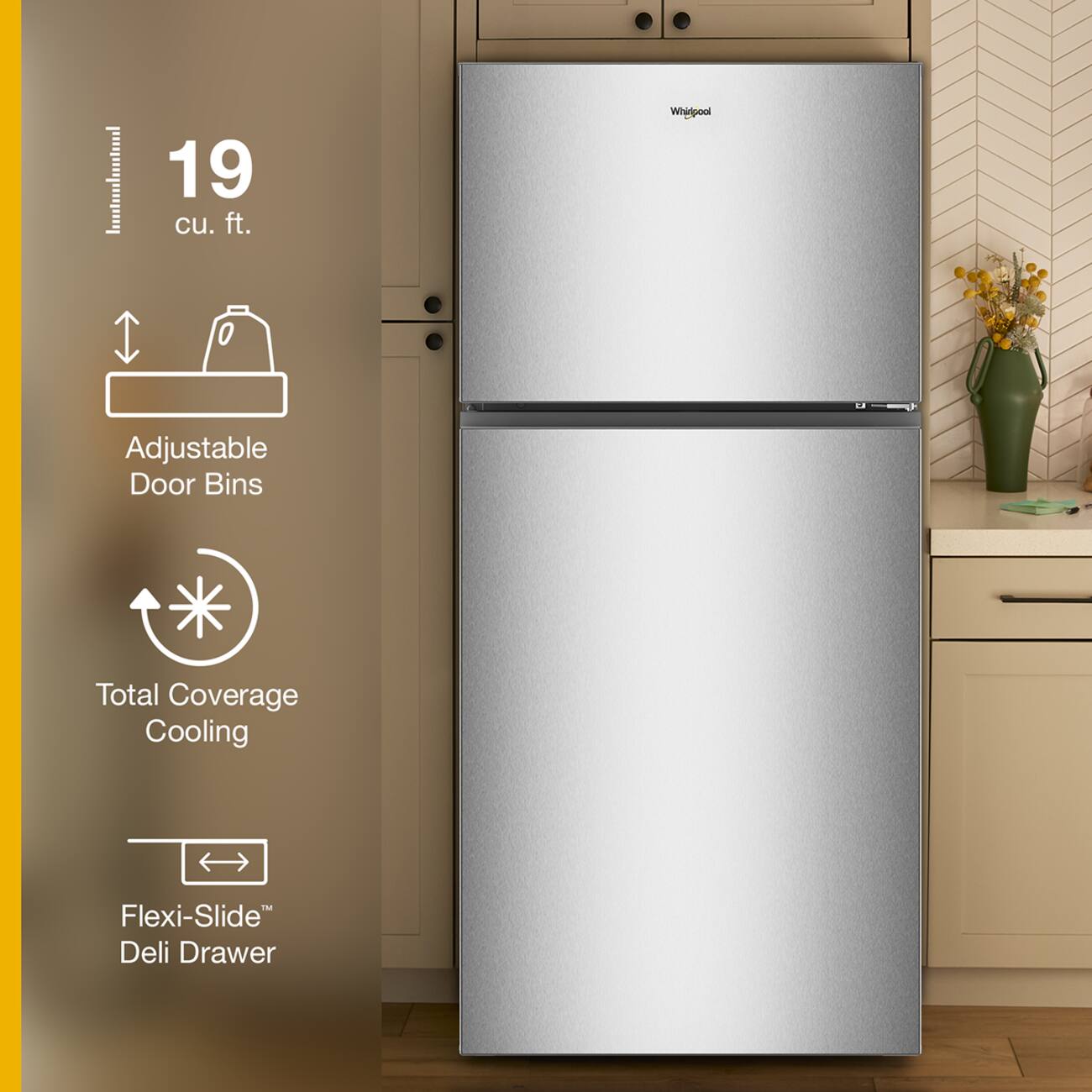 19 cu. ft. Whirlpool Adjustable Door Bins Total Coverage Cooling Flexi-Slide™ Deli Drawer