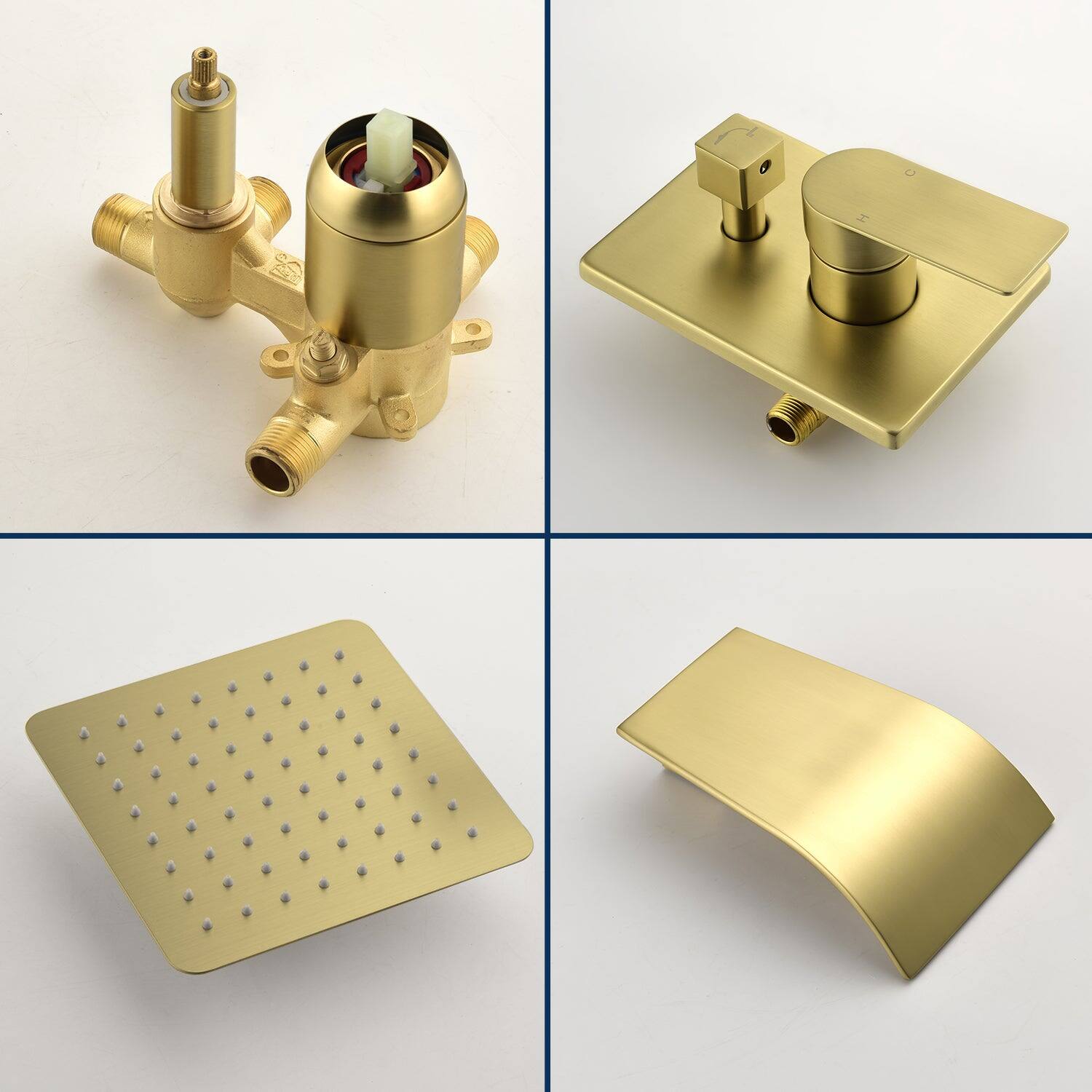 Angle. Boyel Living - Single Handle 1 Spray Tub and Shower Faucet with 8 Inch Square Fixed Shower in Brushed Gold Valve Included - Brushed Gold.